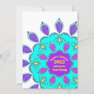 Happy Diwali 2022 Paarse roze blauw Glitter Ragnol Feestdagenkaart