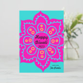 Happy Diwali 2022 roze Turquoise Blue Rangoli Feestdagenkaart (Staand voorkant)