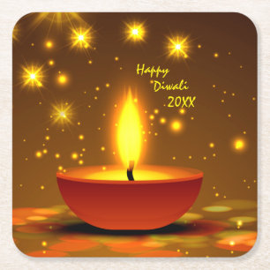Happy Diwali 20xx Diya Yellow Flame Sparkles Kartonnen Onderzetters