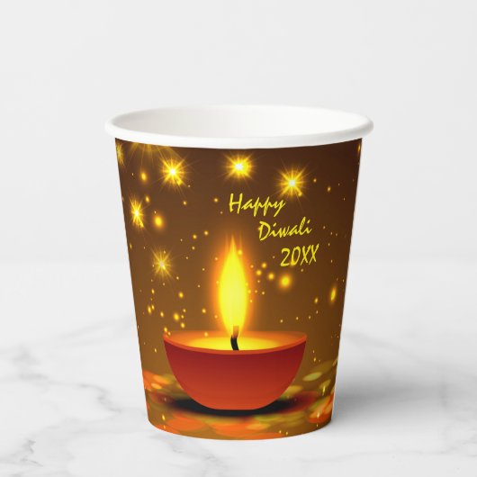 Happy Diwali 20xx Diya Yellow Flame Sparkles Papieren Bekers (Achterkant)