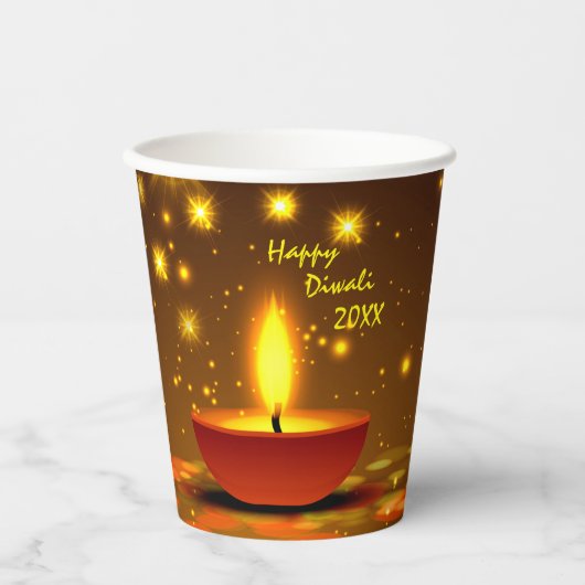 Happy Diwali 20xx Diya Yellow Flame Sparkles Papieren Bekers (Voorkant)
