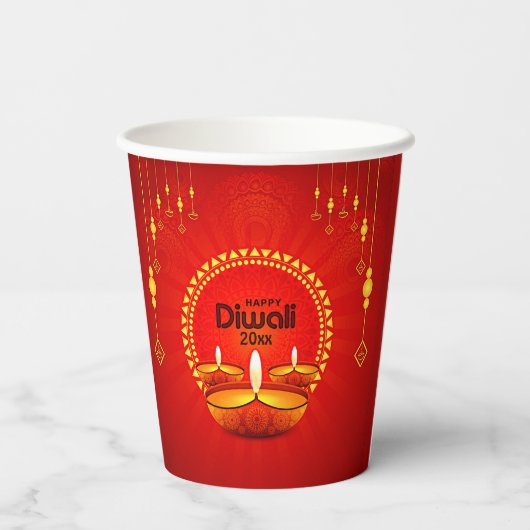Happy Diwali 20xx voegt Jaar of Tekst rood Geel to Papieren Bekers (Achterkant)