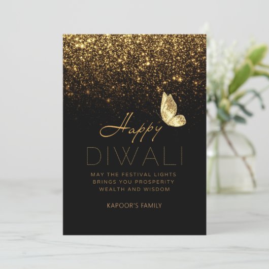 Happy Diwali aanpasbaar luxe zwart en goud Feestdagenkaart (Staand voorkant)
