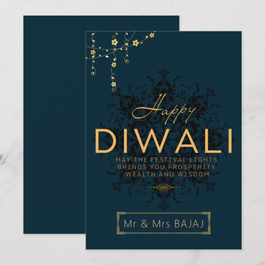 Happy Diwali aanpasbare marine en goud Feestdagenkaart (Voorkant / Achterkant)