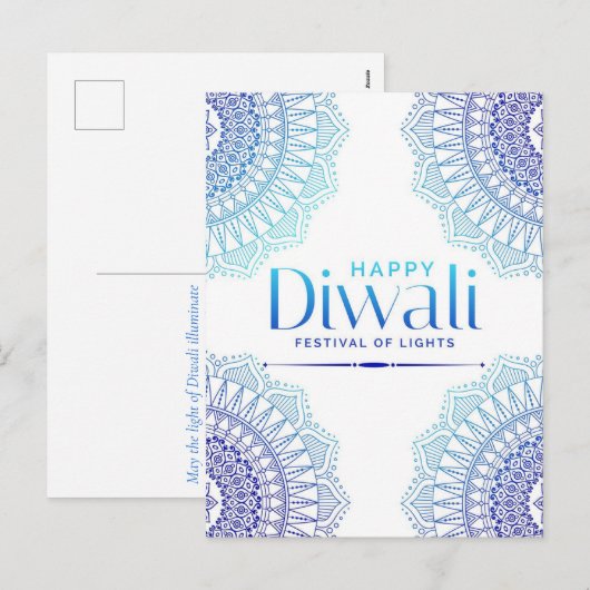 Happy Diwali Blue White Mandala Festival van het L Feestdagenkaart (Voorkant / Achterkant)