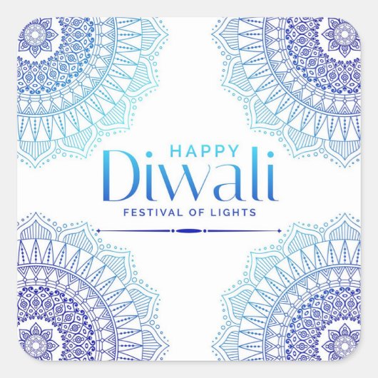 Happy Diwali Blue White Mandala Festival van het L Vierkante Sticker (Voorkant)