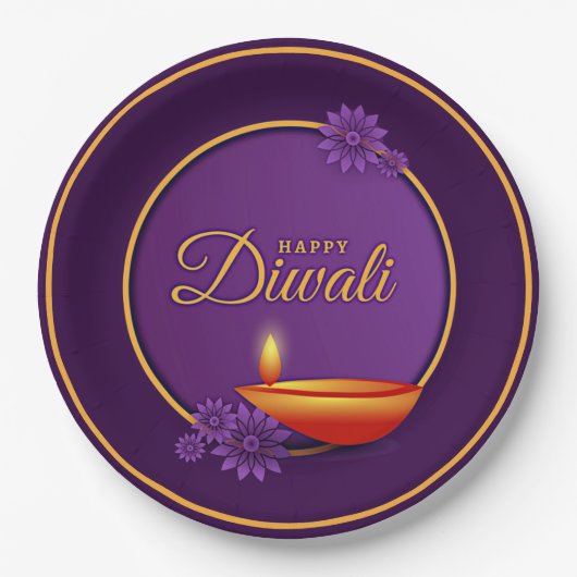 Happy Diwali Diya Candle Paars Gold Papieren Bordje (Voorkant)