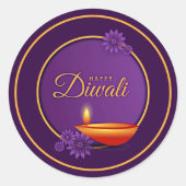Happy Diwali Diya Candle Paarse Gouden Papier Ronde Sticker (Voorkant)