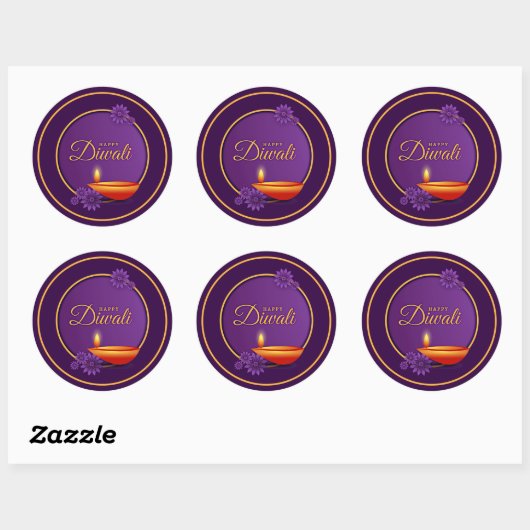 Happy Diwali Diya Candle Paarse Gouden Papier Ronde Sticker (Vel)