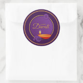Happy Diwali Diya Candle Paarse Gouden Papier Ronde Sticker (Tas)