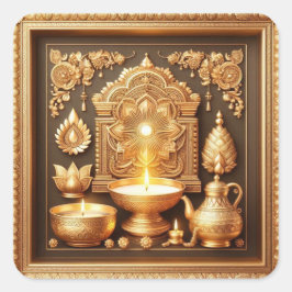 Happy Diwali Diya Festival van Licht Bloemen Goud Vierkante Sticker