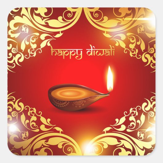 Happy Diwali Diya Festival van licht goud rood Vierkante Sticker (Voorkant)