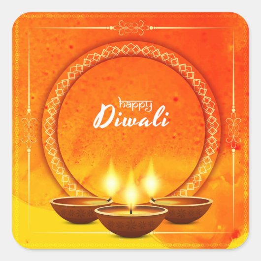 Happy Diwali Diya Geel Sinaasappel Groet Vierkante Sticker (Voorkant)