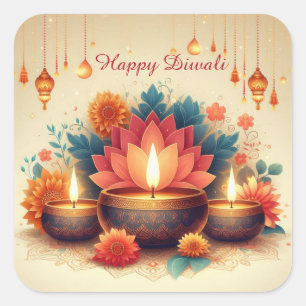 Happy Diwali Diya Lotus Festival van Lichte Bloeme Vierkante Sticker