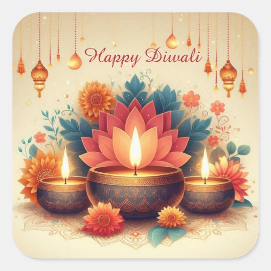 Happy Diwali Diya Lotus Festival van Lichte Bloeme Vierkante Sticker (Voorkant)