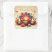 Happy Diwali Diya Lotus Festival van Lichte Bloeme Vierkante Sticker (Tas)