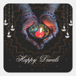 Happy Diwali Diya Mandala Festival van Licht Zwart Vierkante Sticker