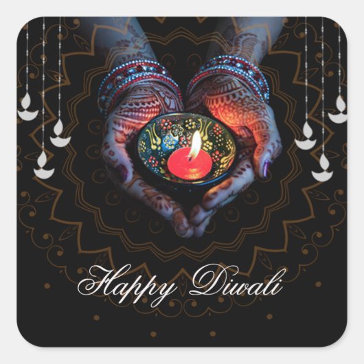 Happy Diwali Diya Mandala Festival van Licht Zwart Vierkante Sticker (Voorkant)