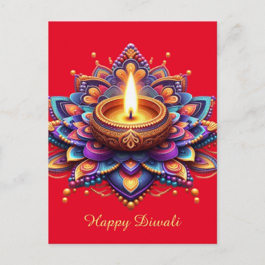 Happy Diwali Diya Rangoli Festival van Licht Rood Feestdagenkaart (Voorkant)