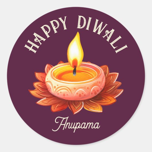Happy Diwali Elegant Diya Lamp Customisable Ronde Sticker (Voorkant)