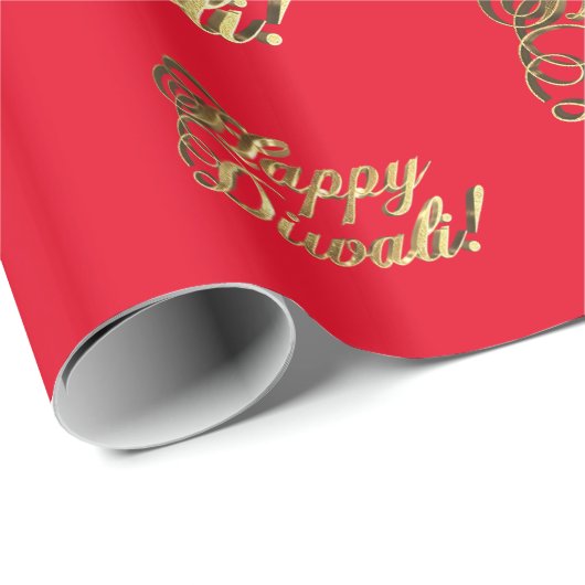 Happy Diwali Elegant Faux Gold Typografie Red Cadeaupapier (Rol Hoek)