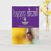 Happy Diwali Foto gepersonaliseerd Paars en Silver Kaart (Gele Bloem)
