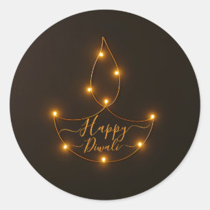 Happy Diwali Glowing Diya Light Art Ronde Sticker