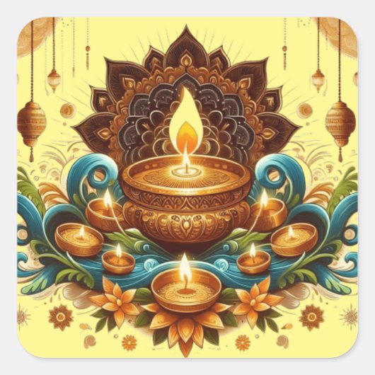 Happy Diwali Gold Diya Festival van Lichtblauw Vierkante Sticker (Voorkant)