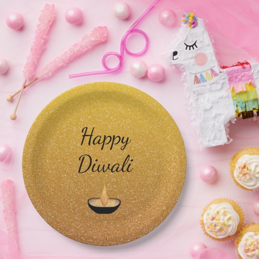 Happy Diwali Gold Glitter Diya Lamp Flame Papieren Bordje (Feest)