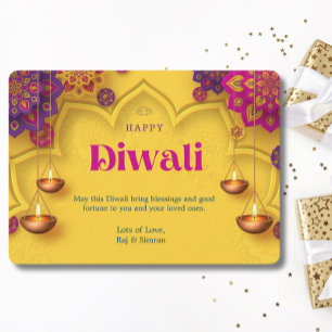 Happy Diwali Groet Geel Paarse Bloemen Feestdagenkaart