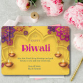 Happy Diwali Groet Geel Paarse Bloemen Feestdagenkaart