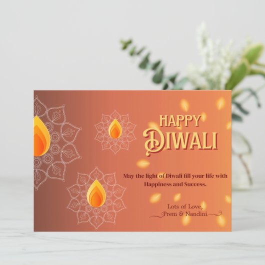 Happy Diwali Groetlampen Lampjes Sinaasappel Goud Feestdagenkaart (Staand voorkant)