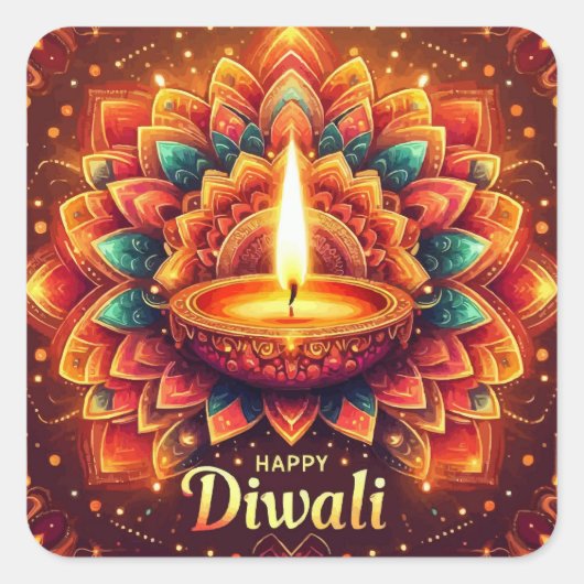 Happy Diwali Kleurrijke Mandala Festival van het L Vierkante Sticker (Voorkant)