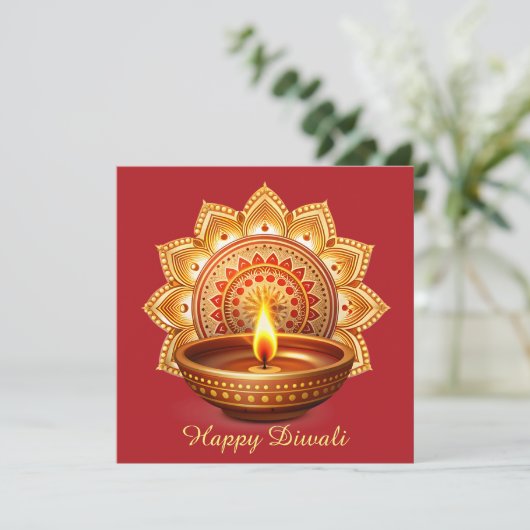 Happy Diwali Mandala Diya Festival van Licht Rood Feestdagenkaart (Staand voorkant)