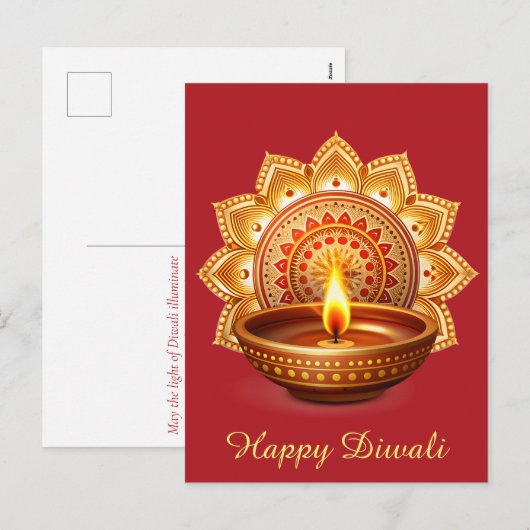 Happy Diwali Mandala Diya Festival van Licht Rood Feestdagenkaart (Voorkant / Achterkant)