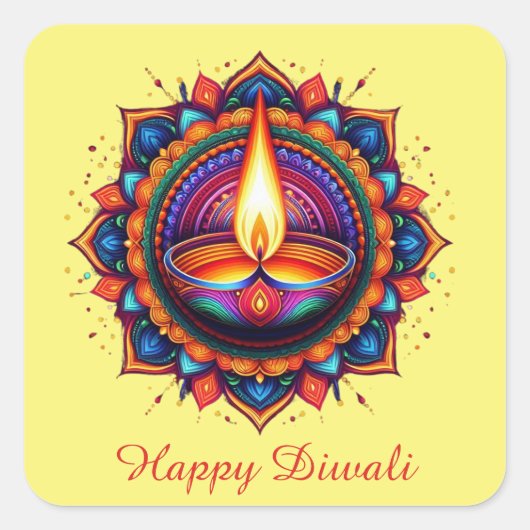 Happy Diwali Mandala Diya Festival van lichtgeel Vierkante Sticker (Voorkant)