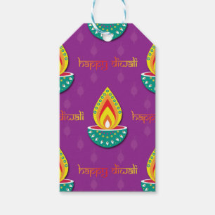Happy Diwali met Diya lampen op paarse Gift Labels Cadeaulabel