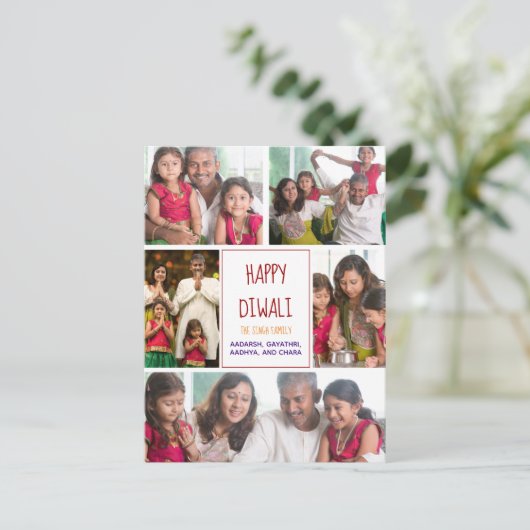 Happy Diwali Modern Photo Collage Red Holiday Briefkaart (Staand voorkant)