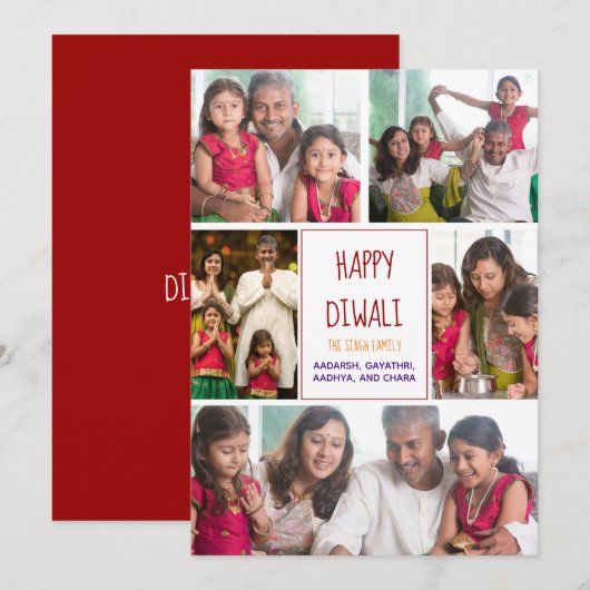 Happy Diwali Modern Photo Collage Red Holiday Card (Voorkant / Achterkant)