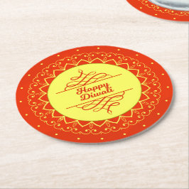 Happy Diwali Oranje Cream Mandala Modern Ronde Kartonnen Onderzetter