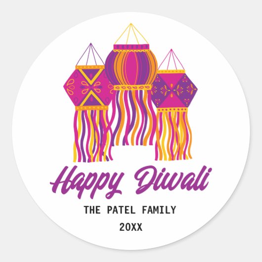 Happy Diwali Paars Pink Yellow Lantern Aangepast Ronde Sticker (Voorkant)