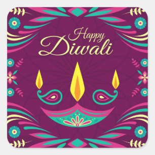 Happy Diwali paarse en blauwgroen kaarsen illustra Vierkante Sticker