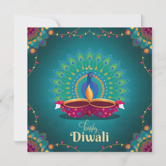 Happy Diwali Peacock Diya Festival van Lichtblauw Feestdagenkaart (Voorkant)