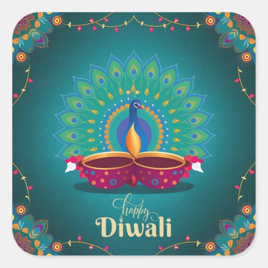 Happy Diwali Peacock Diya Festival van Lichtblauw Vierkante Sticker (Voorkant)