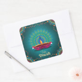 Happy Diwali Peacock Diya Festival van Lichtblauw Vierkante Sticker (Envelop)