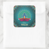 Happy Diwali Peacock Diya Festival van Lichtblauw Vierkante Sticker (Tas)
