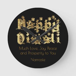 Happy Diwali Quote Black en Gold Star Typografie Ronde Klok