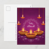 Happy Diwali Rangoli Diya Festival van Licht Paars Feestdagenkaart (Voorkant / Achterkant)