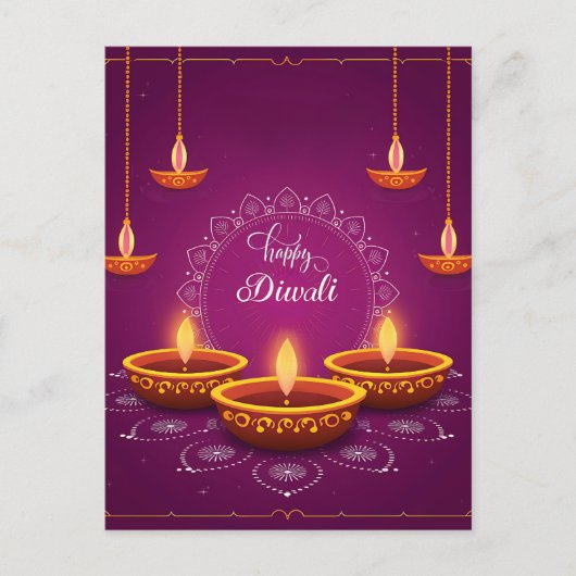 Happy Diwali Rangoli Diya Festival van Licht Paars Feestdagenkaart (Voorkant)
