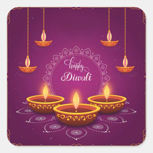 Happy Diwali Rangoli Diya Festival van Licht Paars Vierkante Sticker (Voorkant)
